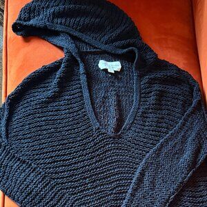 Nili Lotan black, v-neck, openwork crochet knit, cotton hooded sweater, Small